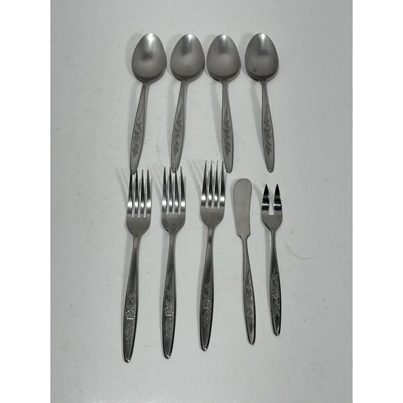 Lot 9 Vintage Nasco Stainless Flatware Forks Spoon Rose Spray - Picture 1 of 5